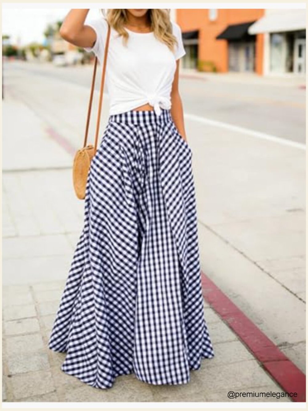 Gingham Maxi Skirt High Waist Pleated A-Line Flowy Checkered Skirt Summer - Picture 5 of 7